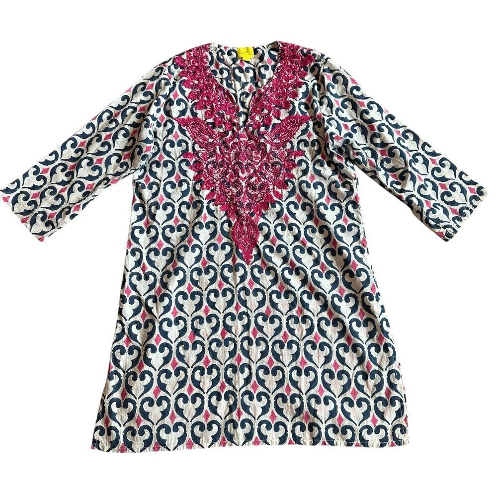 Roller Rabbit Navy White Pink Tunic 100% Cotton Long-Length 3/4 Sleeve Size XS